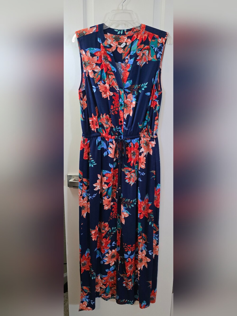 Talbots Navy Floral Button Front Maxi Dress Size 12 Drawstring Waist Pockets